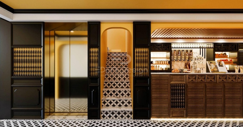 Mẫu thiết kế quán cafe phong cách Đông Dương sử dụng ánh sáng vàng ấm cúng