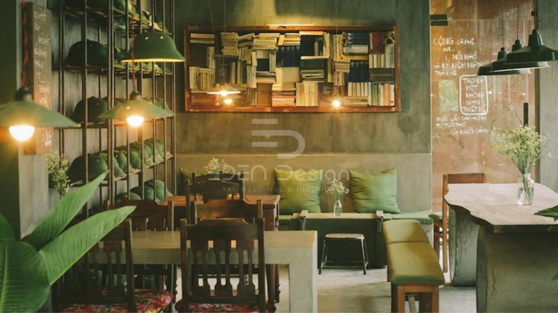 Decor quán cafe Vintage sử dụng màu xanh lá chủ đạo