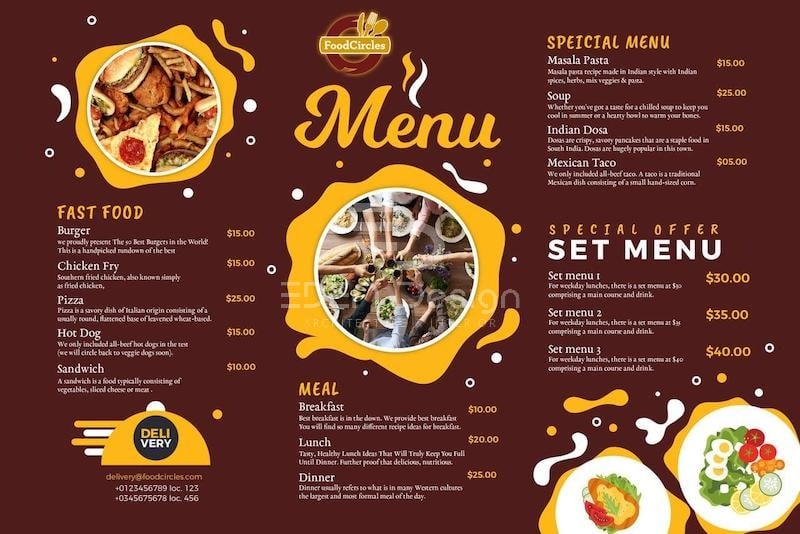 Mẫu menu nhà hàng Âu đẹp dùng màu đỏ trầm làm chủ đạo