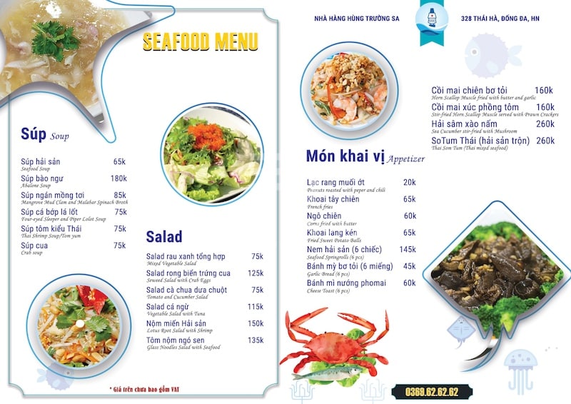 Menu nhà hàng hải sản cung cấp đầy đủ thông tin cần thiết