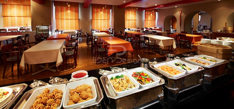 Thiết kế nhà hàng buffet kiểu Trung Hoa sử dụng chất liệu gỗ tối màu