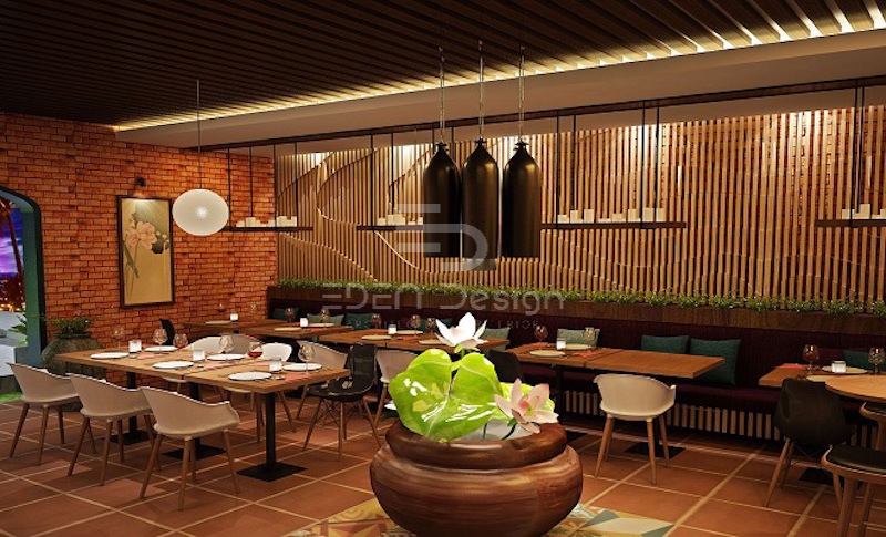 Mẫu thiết kế nhà hàng chay đẹp theo phong cách Việt Nam mộc mạc