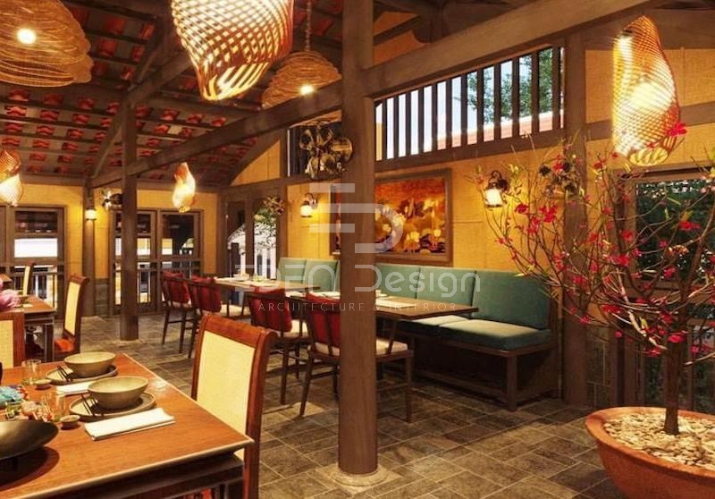 Trang trí nhà hàng đồng quê nhấn mạnh vào vẻ đẹp gần gũi với thiên nhiên và văn hóa Việt Nam xưa