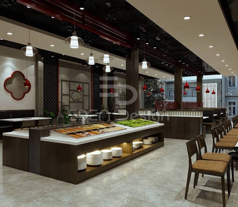 Trong nhà hàng buffet cần thiết kế quầy line ở vị trí trung tâm, nổi bật và dễ tiếp cận