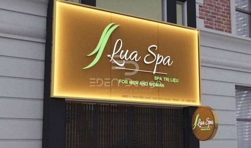 Bảng hiệu spa đông y với gam màu nâu và xanh ấm áp, tạo cảm giác bình yên