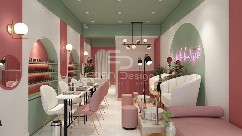 Tiệm Spa nail sử dụng bộ ba màu chủ đạo hồng - xanh - trắng