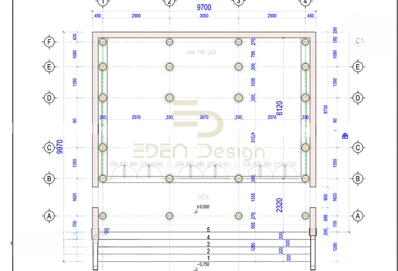 Bản vẽ mặt bằng chi tiết của nhà gỗ 3 gian 22 cột đồng trụ thể hiện rõ ràng các yếu tố kỹ thuật