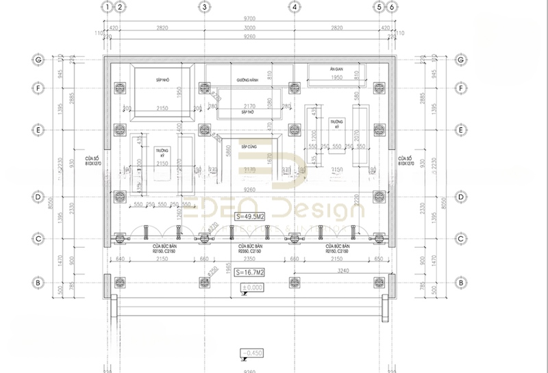 Bản vẽ mặt bằng nhà gỗ 3 gian 2 dĩ được bố trí một cách hợp lý, khoa học