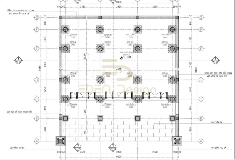 Mặt bằng nhà gỗ 3 gian với kích thước chuẩn, hài hòa trong tổng thể kiến trúc