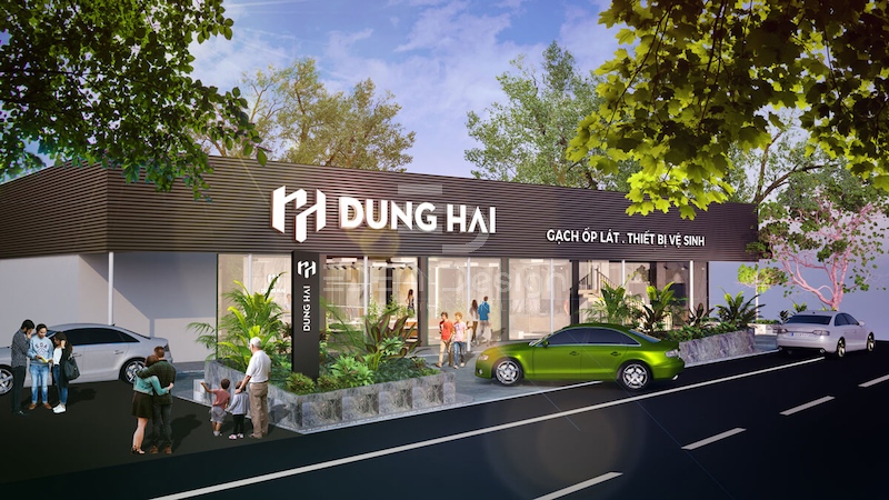 Thiết kế showroom gạch ốp lát không gian mở kết hợp cửa kính thu hút khách hàng