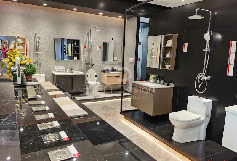 Showroom vật liệu xây dựng với tông tối tạo điểm nhấn mạnh mẽ và thu hút ánh nhìn