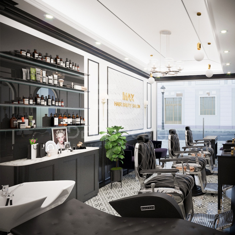 Mẫu thiết kế salon tóc phong cách hiện đại ấn tượng.