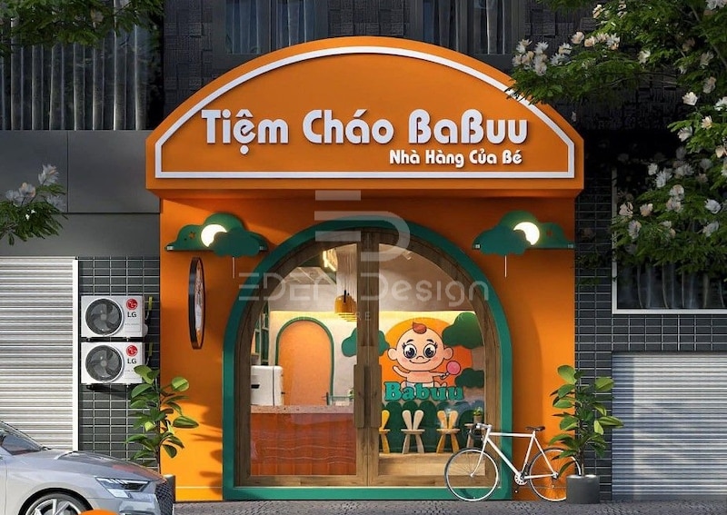 Mẫu thiết kế quán cháo dinh dưỡng tận dụng ánh sáng và màu cam - xanh nổi bật để tạo dấu ấn riêng