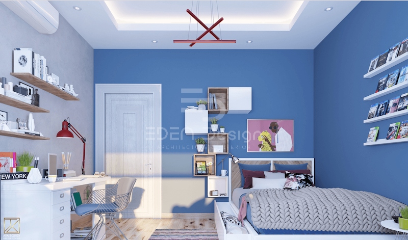 Phòng ngủ phong cách biển với gam màu chủ đạo là xanh dương có kết hợp với trắng