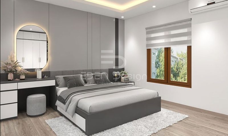 Phòng ngủ gam màu trắng và xám giúp không gian sang trọng hơn