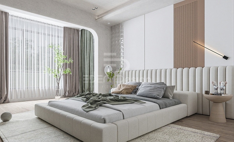 Giường đặt góc sẽ giúp tối ưu không gian hơn so với đặt ở giữa