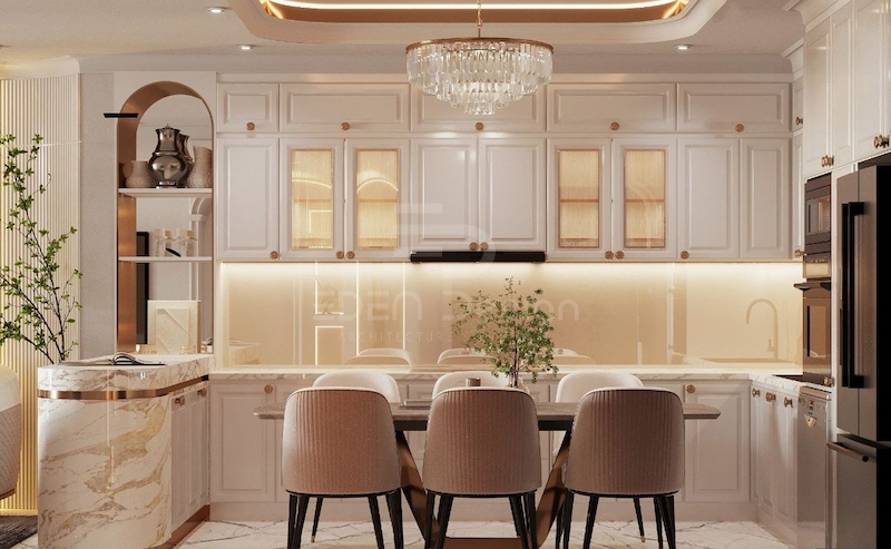 Phong cách tân cổ điển tạo ra điểm nhấn mạnh nhờ vào đèn pha lê và thiết kế nội thất