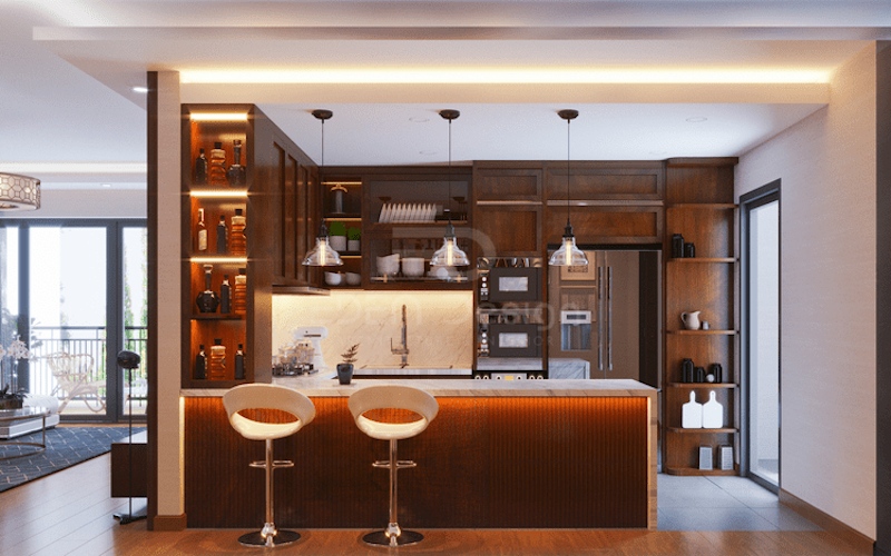 Thiết kế phòng bếp theo quầy bar sẽ tạo ra một không gian để gia chỉ chill khi mệt mõi
