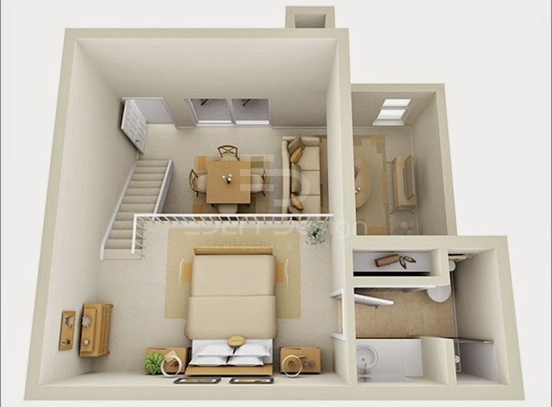 Bản vẽ 3D dành cho thiết kế phòng trọ 12m2 có kết hợp gác lửng