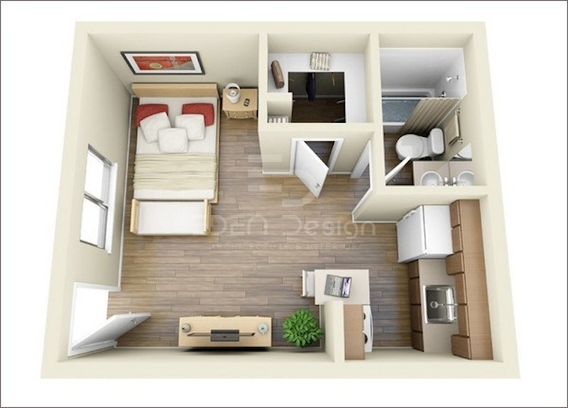 Bản vẽ 3D dành cho phòng trọ không có gác với diện tích 12m2