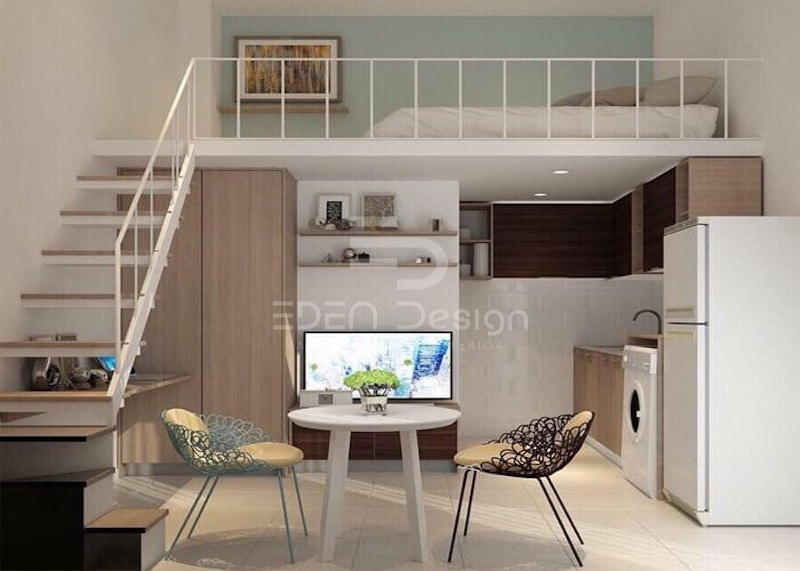 Gác lửng sẽ giúp phòng 25m2 có thêm không gian sinh sống phía trên